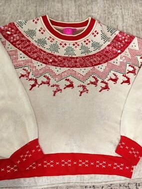 QUEEN OF SPARKLES Ivory Sweater with Red Sequin Yoke and Green Tree Motif